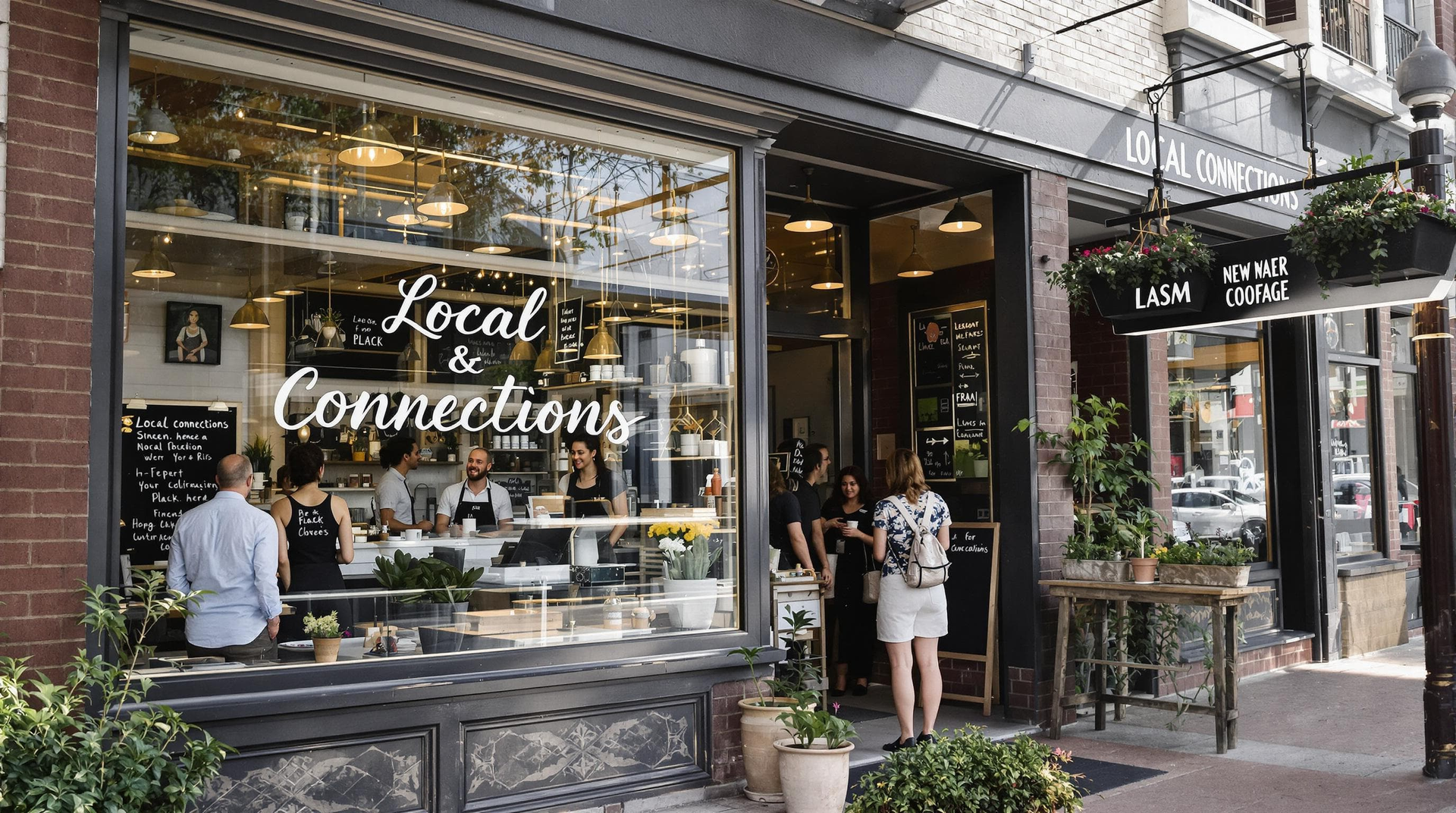 A group of people are standing outside of a restaurant.