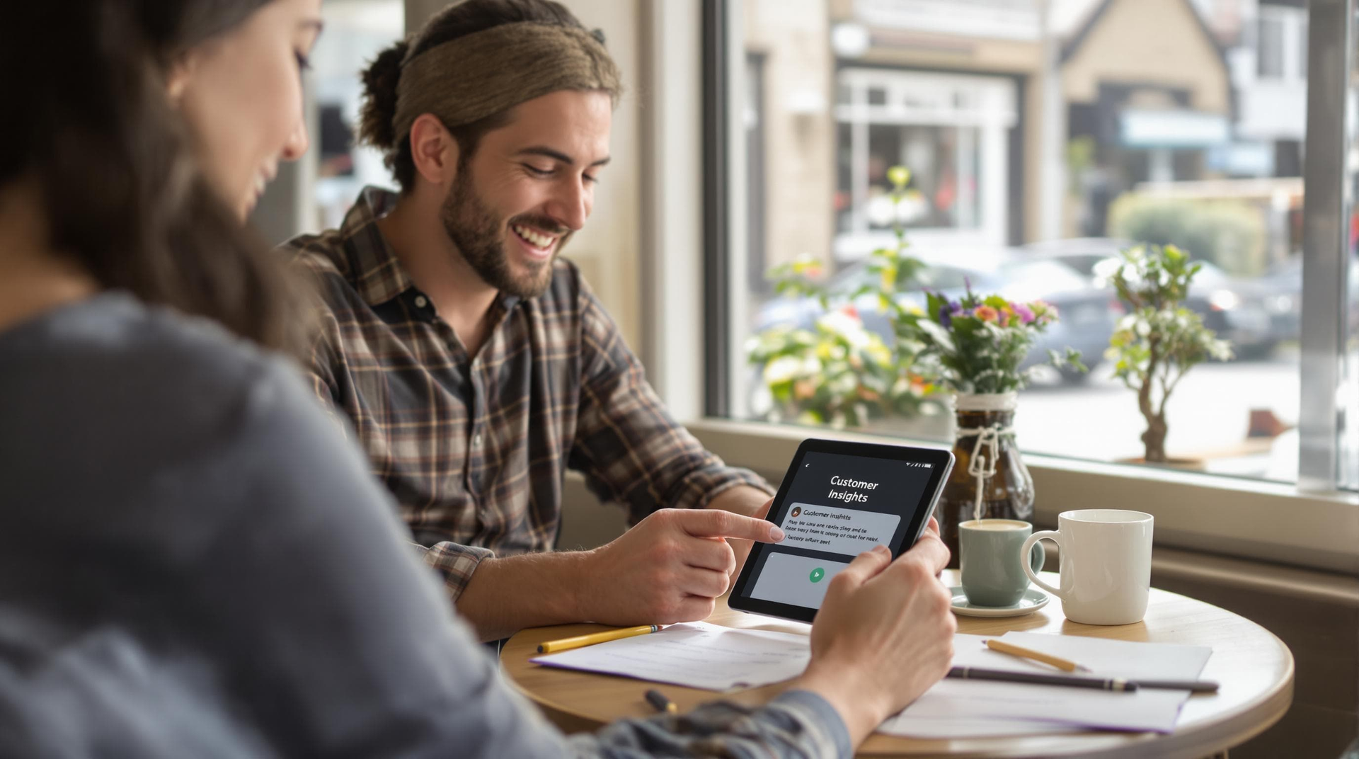 A man and a woman are sitting at a table looking at a tablet.