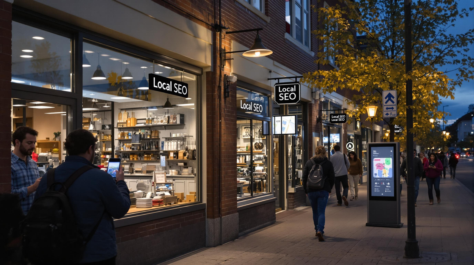 A group of people are walking down a city street at night.