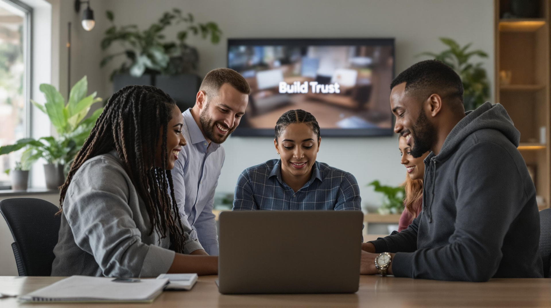 A group of people are sitting around a table looking at a laptop computer.