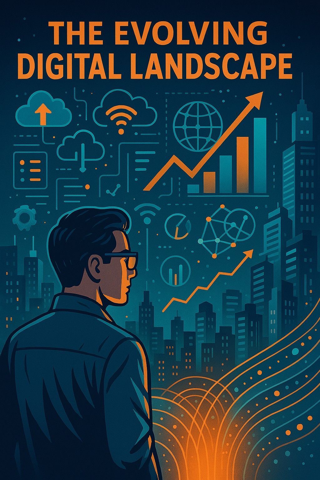 A poster for the evolving digital landscape shows a man looking at a city