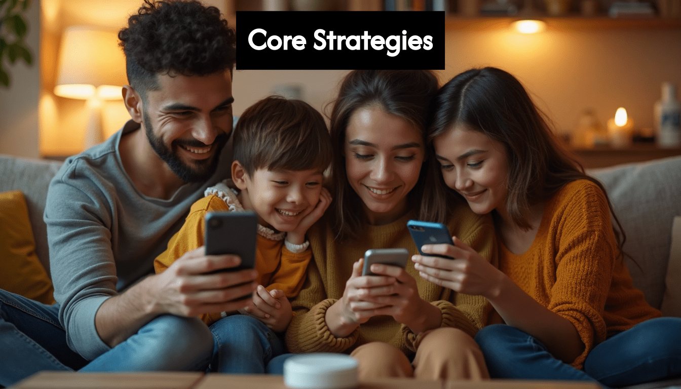 A family is sitting on a couch looking at their phones.