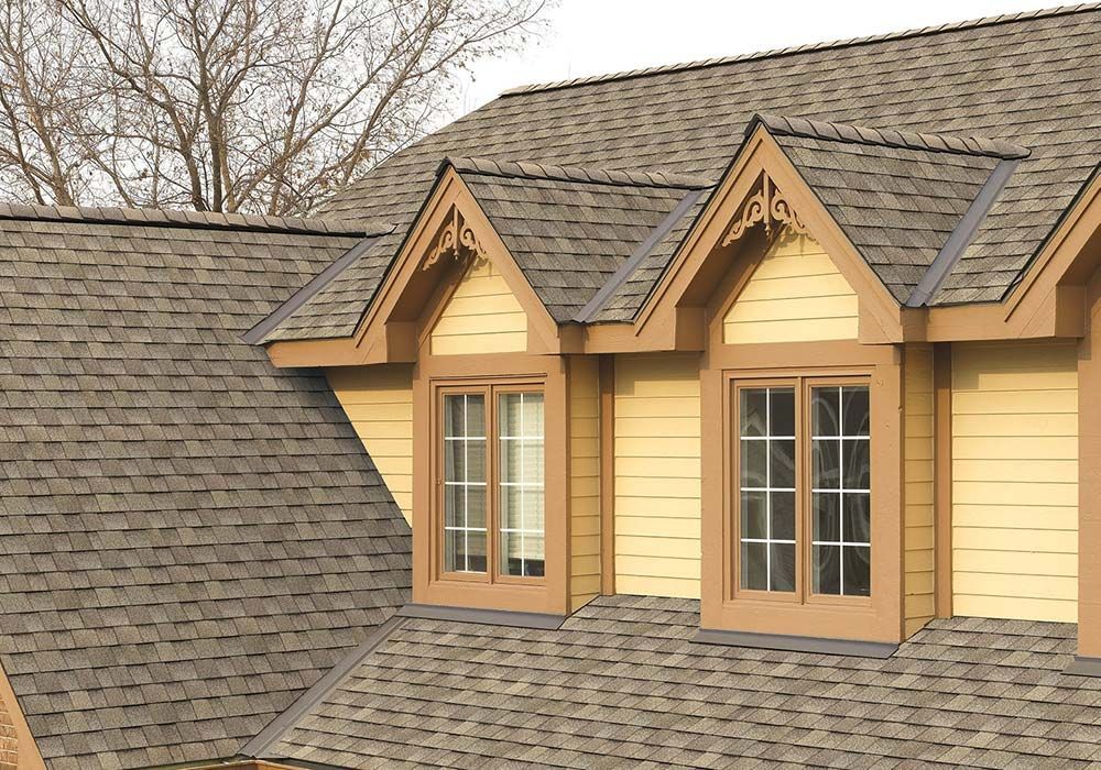 Two dormer windows on a shingled roof above yellow siding and bare trees