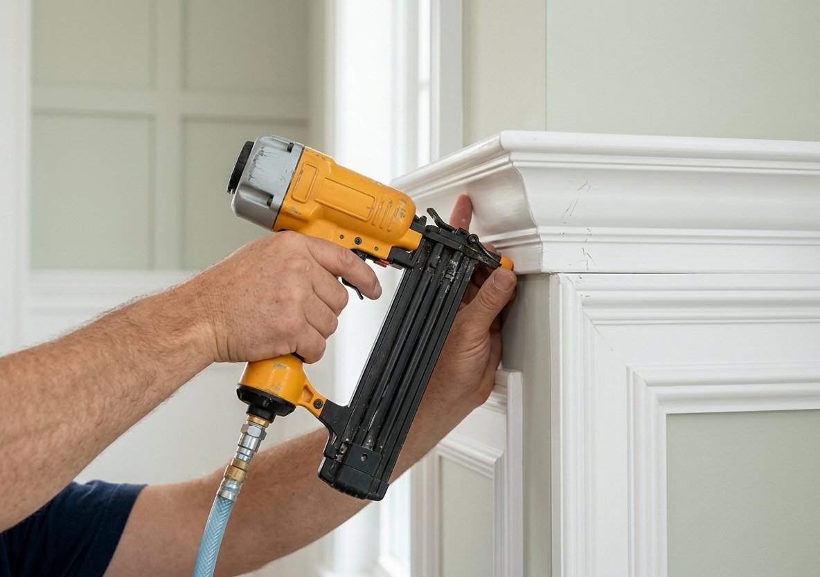 Carpenter using a nail gun on white crown molding