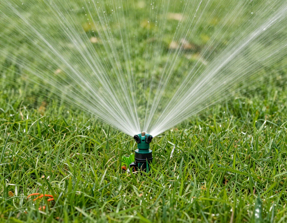 Un aspersor de jardín rociando agua sobre el césped verde de un jardín