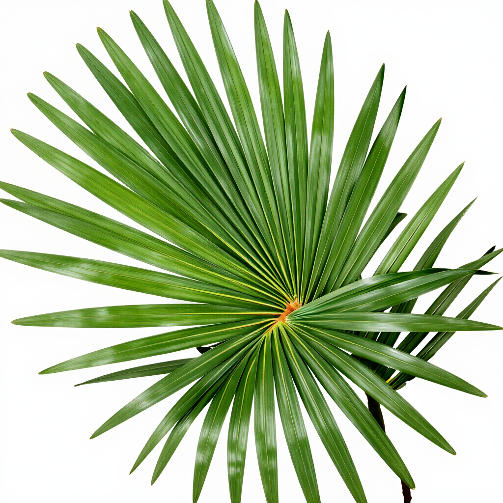 Hoja de palmera verde con largas frondas que se extienden radialmente sobre un fondo blanco