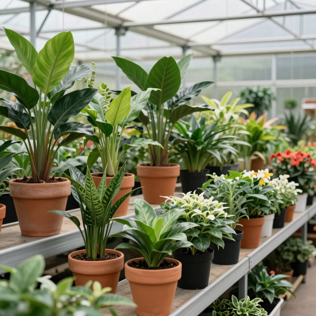 Plantas de interior en macetas sobre estanterías metálicas dentro de un invernadero luminoso