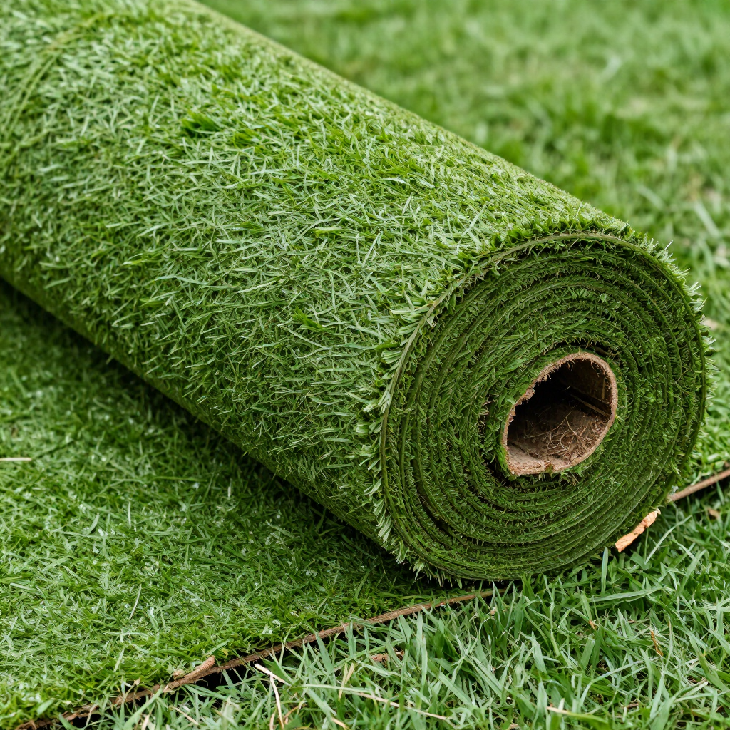 Césped artificial verde enrollado sobre un césped natural