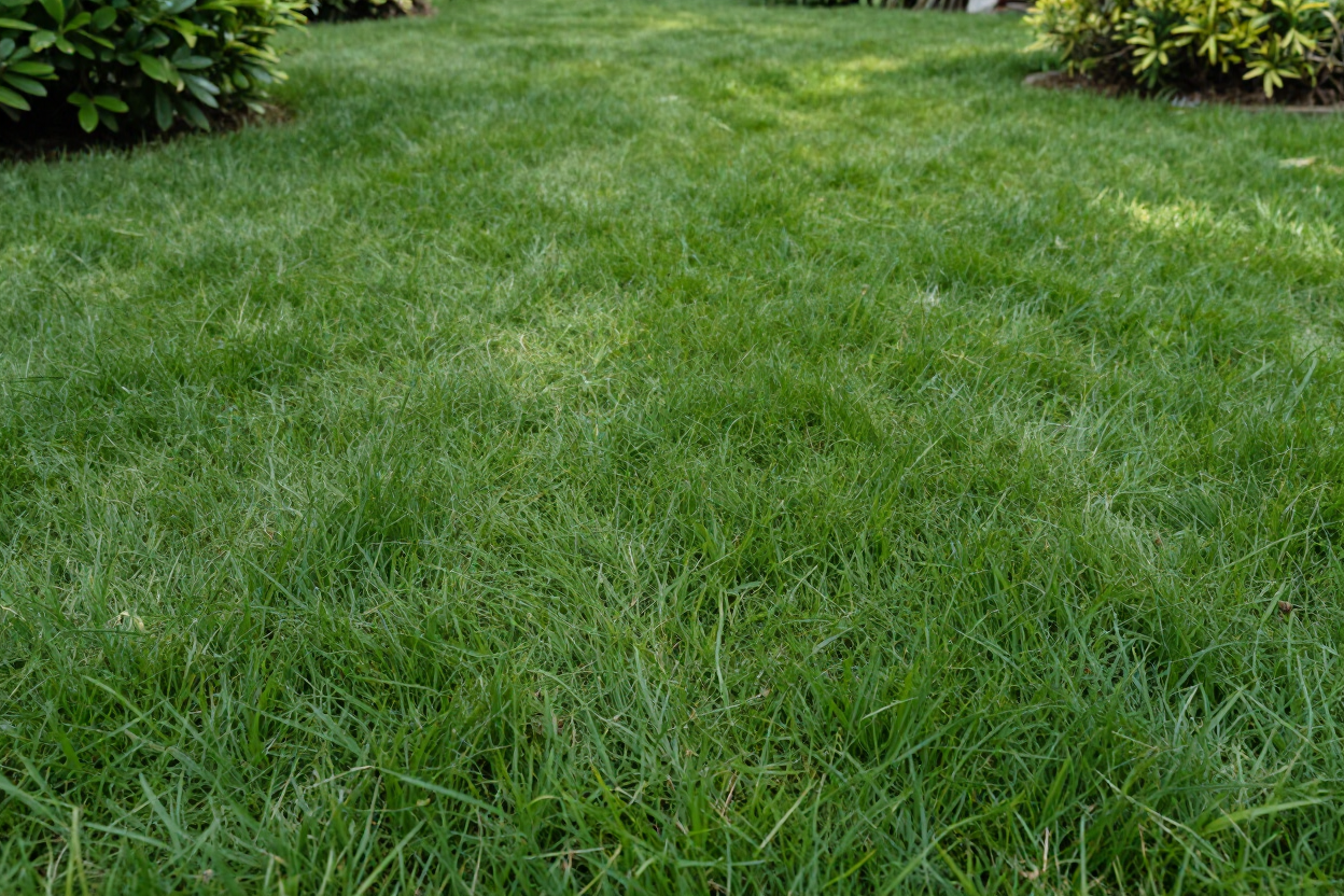 Césped verde y frondoso, con hierba tupida, en un jardín al aire libre