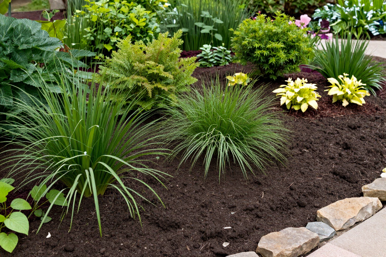 Parterre recién ajardinado con hierbas ornamentales verdes, flores amarillas, mantillo oscuro y bordes de piedra