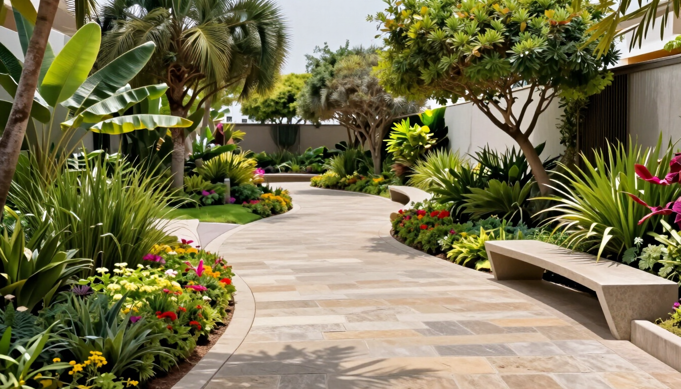Sendero curvo en un jardín rodeado de exuberantes plantas tropicales, flores y un banco junto a un camino soleado.
