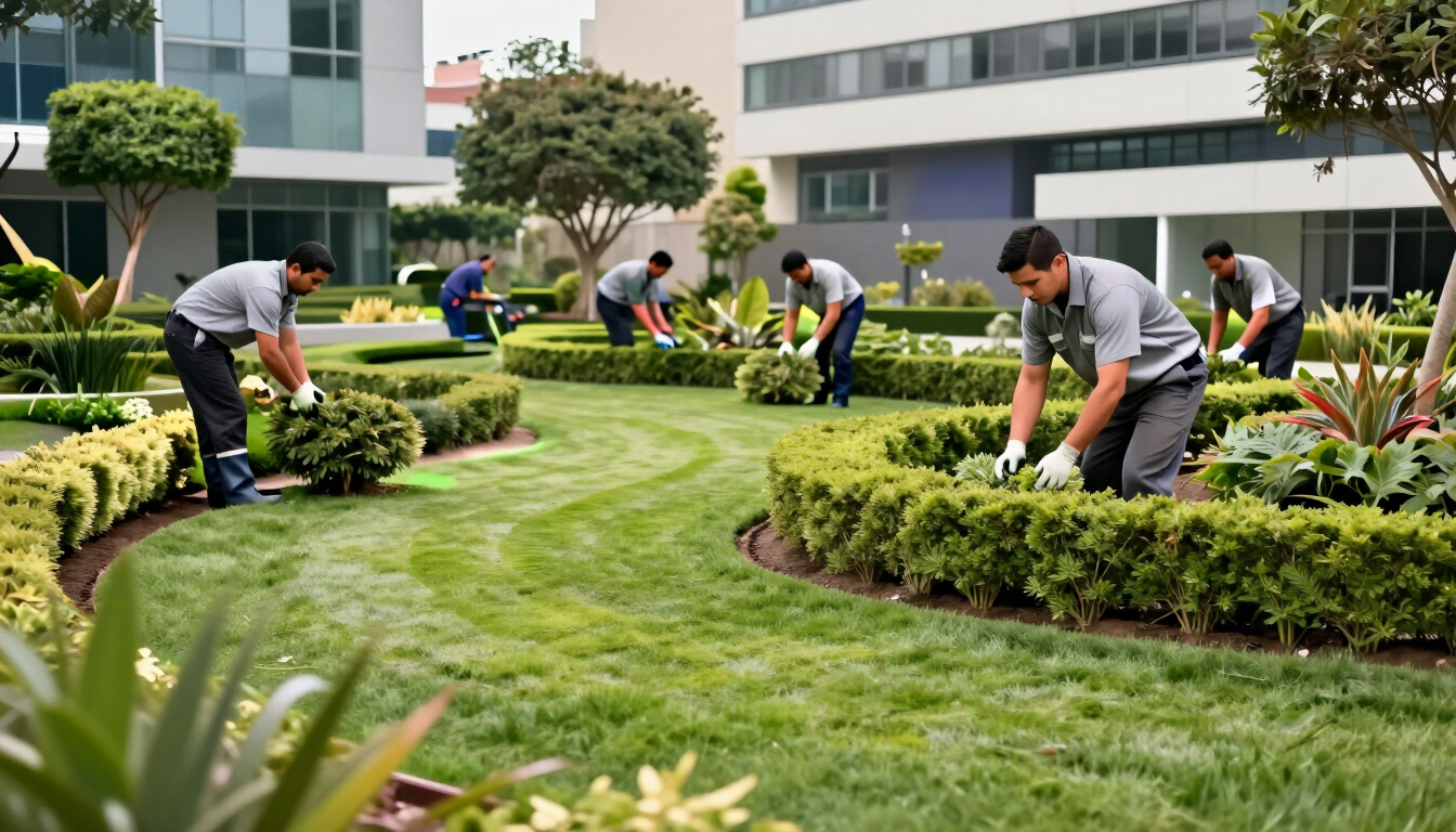 Jardineros podando setos en un patio ajardinado frente a modernos edificios de oficinas