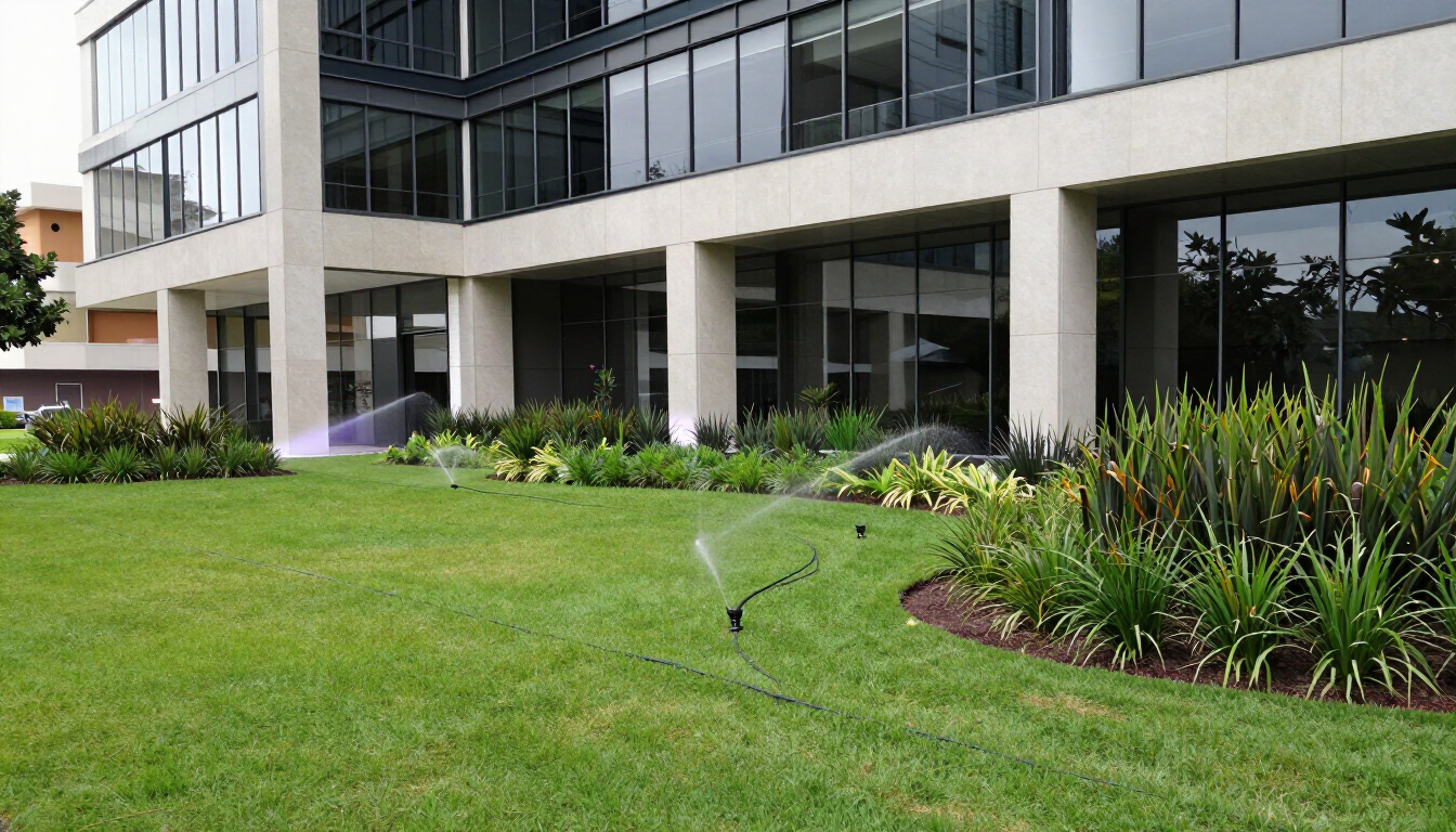 Moderno edificio de oficinas con ventanas de cristal, césped ajardinado y parterres con aspersores en la parte delantera