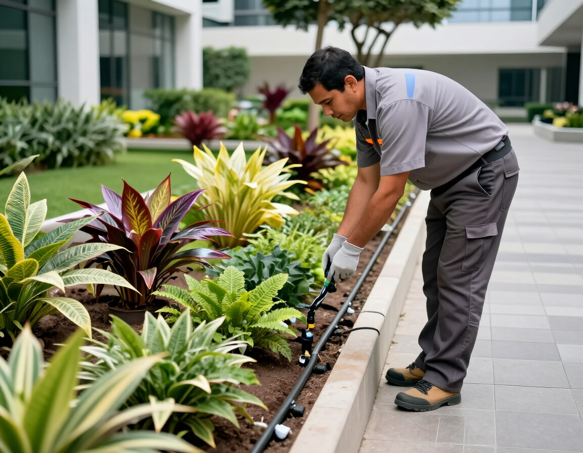 Jardinero podando plantas en un jardín paisajístico junto a un sendero