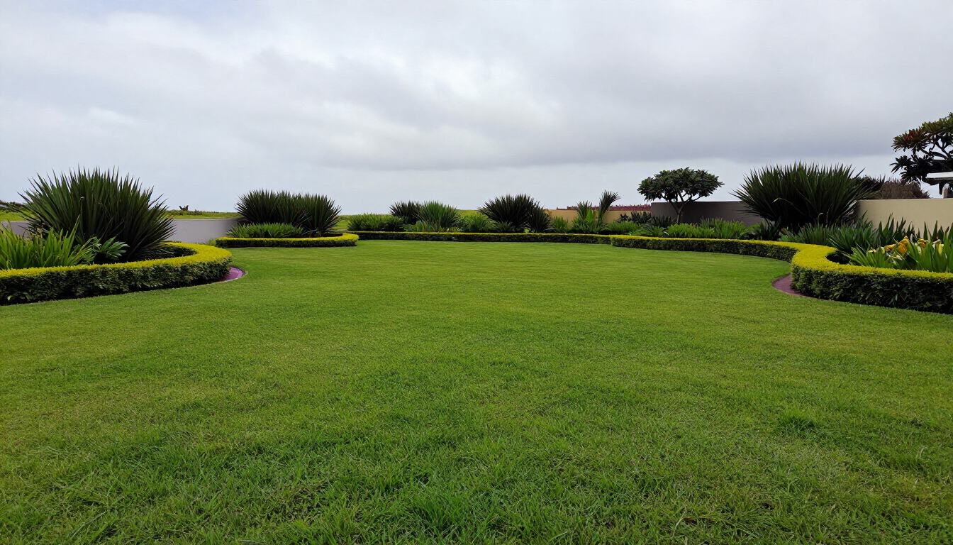 Un césped de un verde exuberante, bordeado de parterres, bajo un cielo nublado