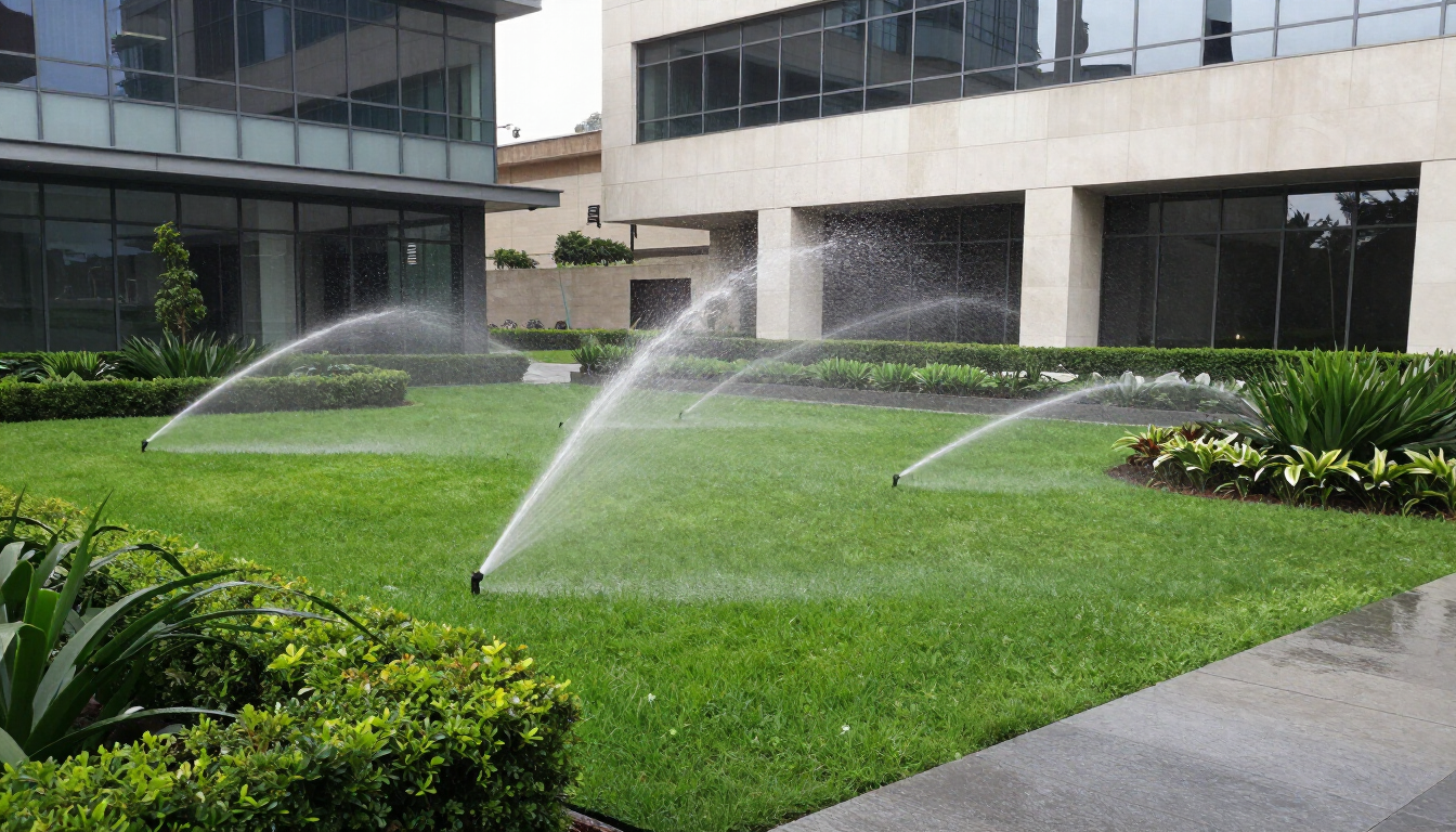 Aspersores regando un césped verde junto a un moderno edificio de oficinas