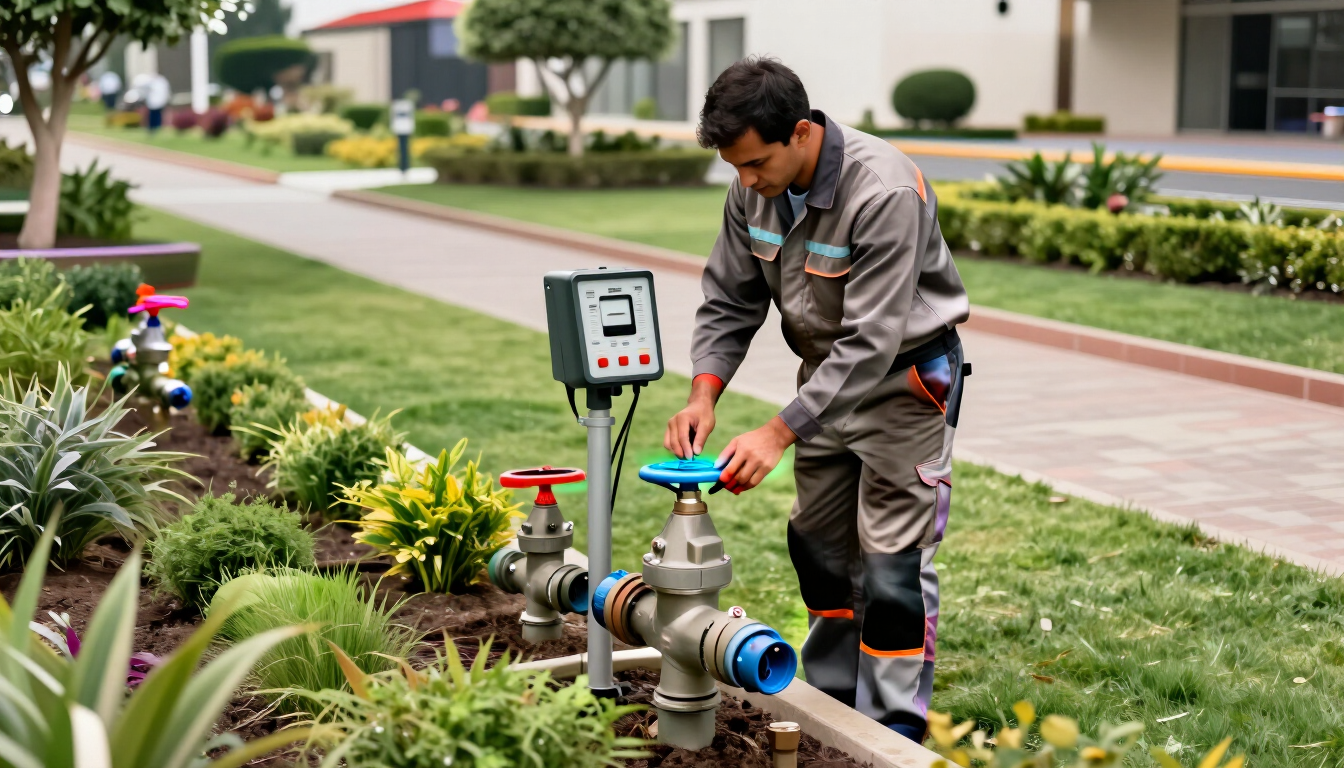 Un técnico inspecciona una válvula de agua con un dispositivo portátil junto a un sendero ajardinado.