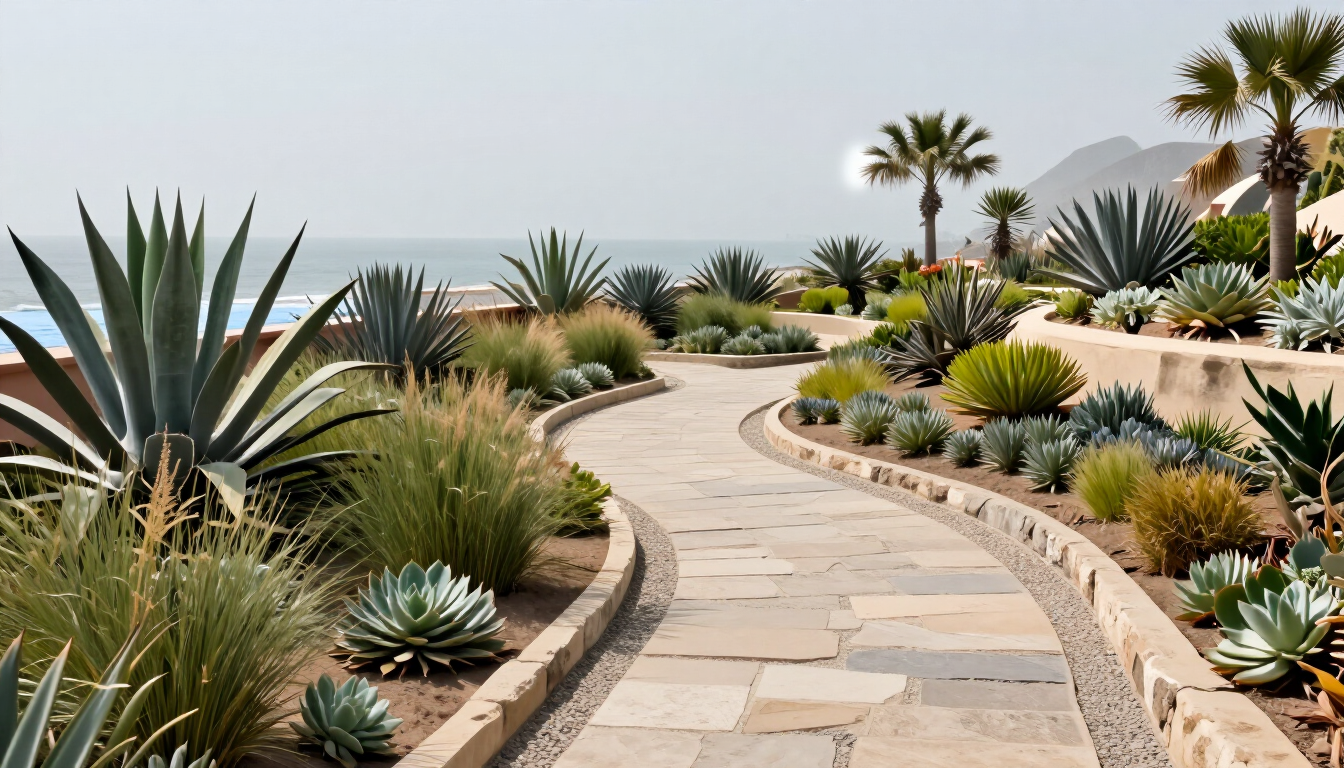 Sendero de piedra sinuoso entre agaves, palmeras y cactus en un jardín desértico bajo un cielo luminoso