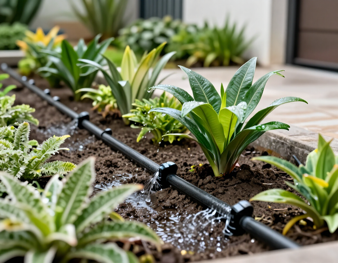 Riego por goteo de plantas verdes jóvenes en un bancal con mantillo y tierra