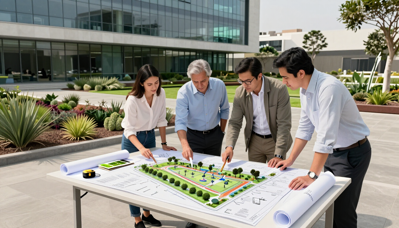 Equipo revisando una maqueta de paisaje al aire libre junto a un edificio de oficinas moderno