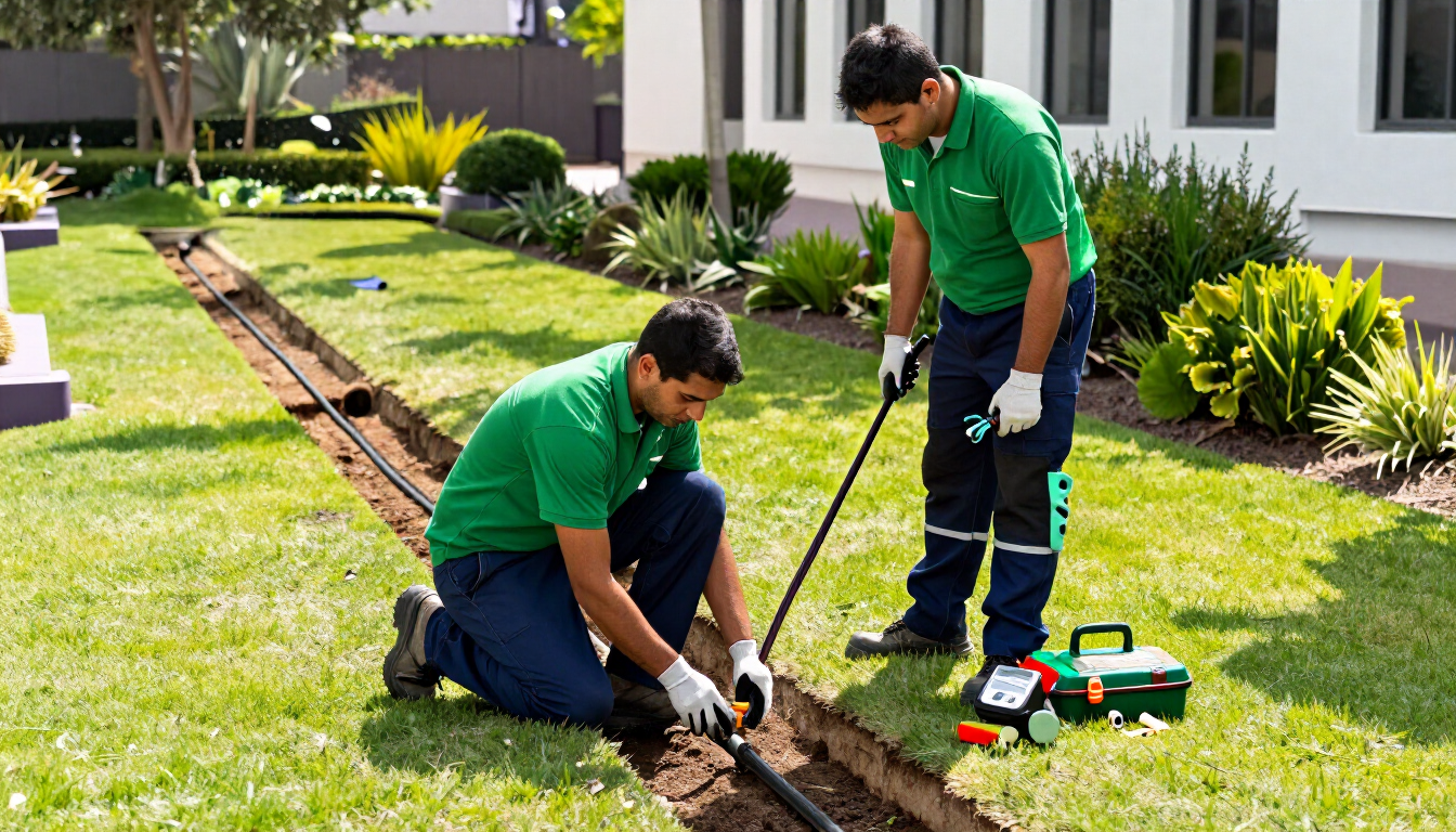 Dos trabajadores con camisas verdes instalan tuberías de riego para el jardín sobre el césped junto a una casa.