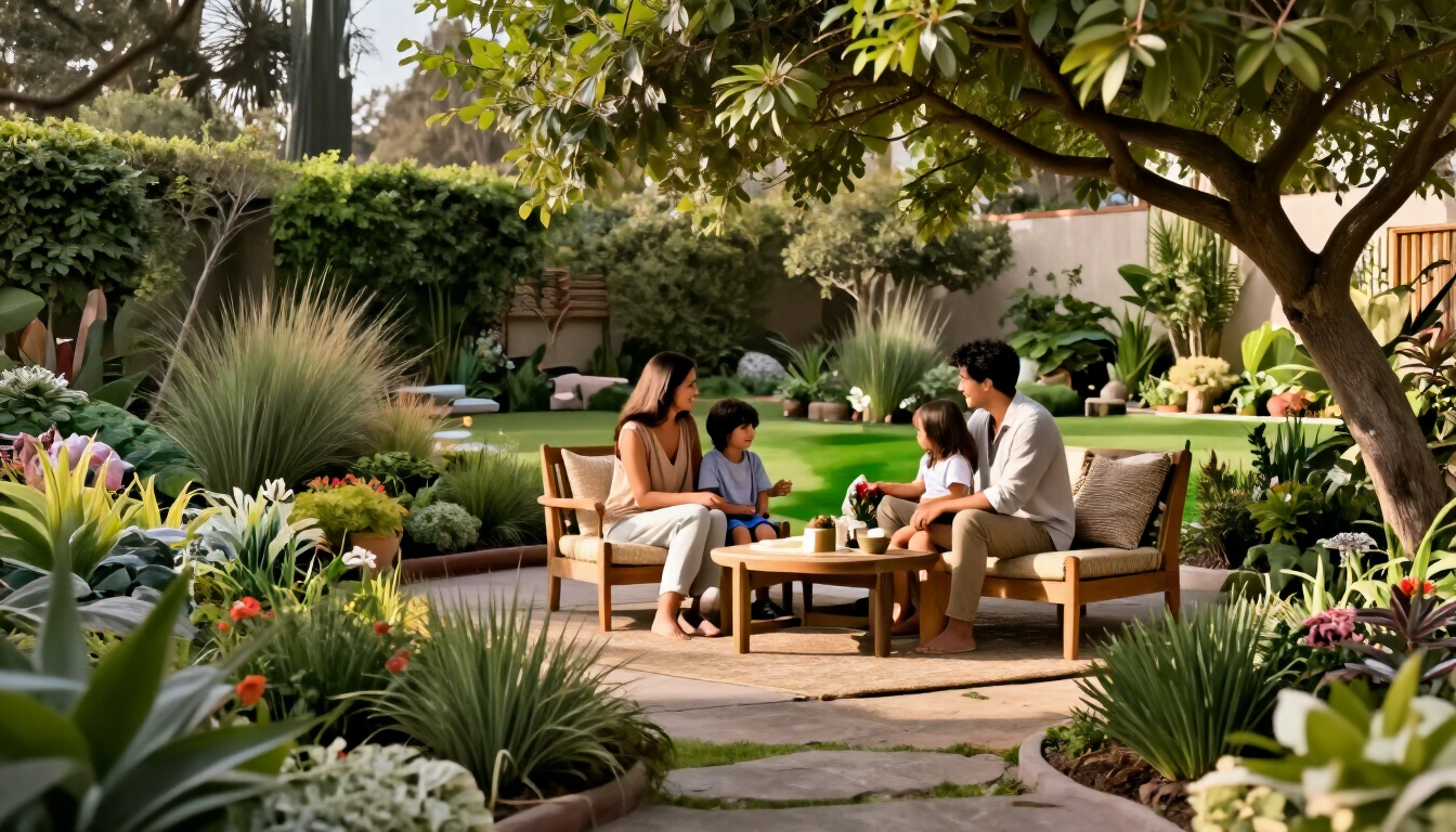 Una familia sentada alrededor de una mesa al aire libre en un patio ajardinado y frondoso, rodeado de flores y vegetación