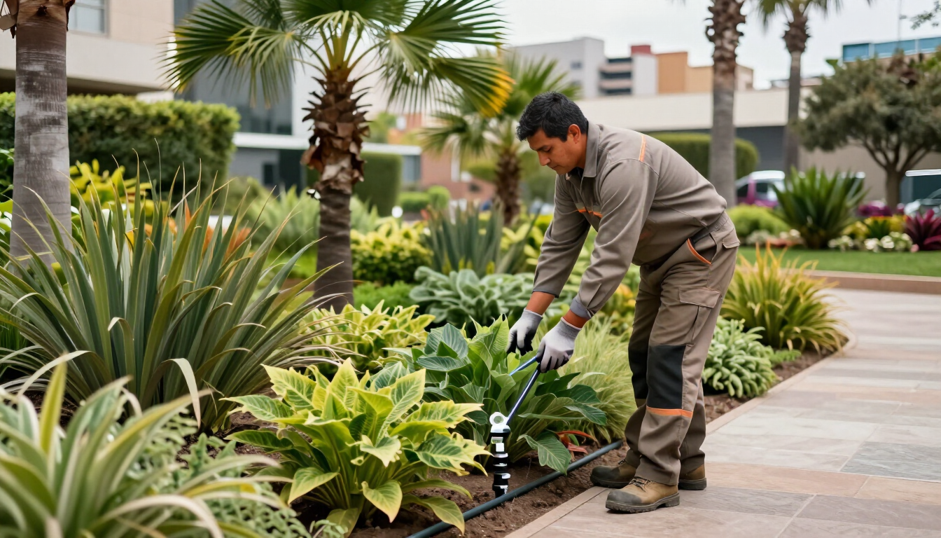 Jardinero regando las plantas en un jardín ajardinado junto a un sendero