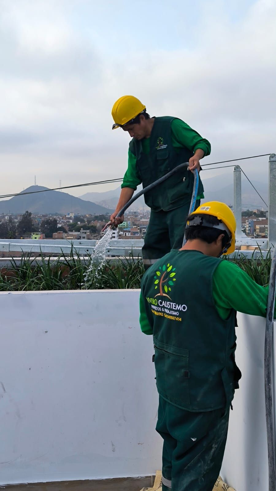 Dos trabajadores con uniformes verdes y cascos amarillos limpian una pared blanca al aire libre