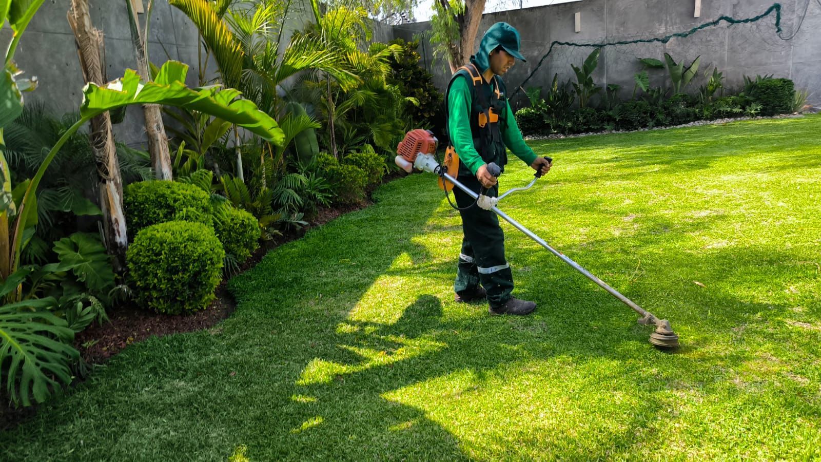 Trabajador usando una desbrozadora en un césped de un verde intenso, junto a arbustos y árboles