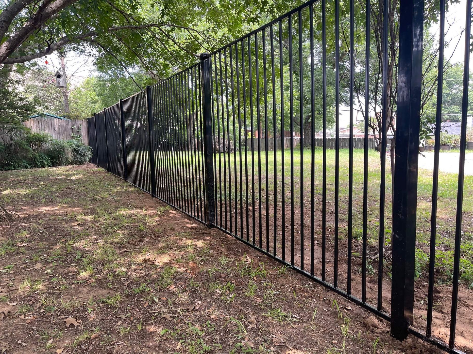 A Black Metal Fence Surrounds a Grassy Field