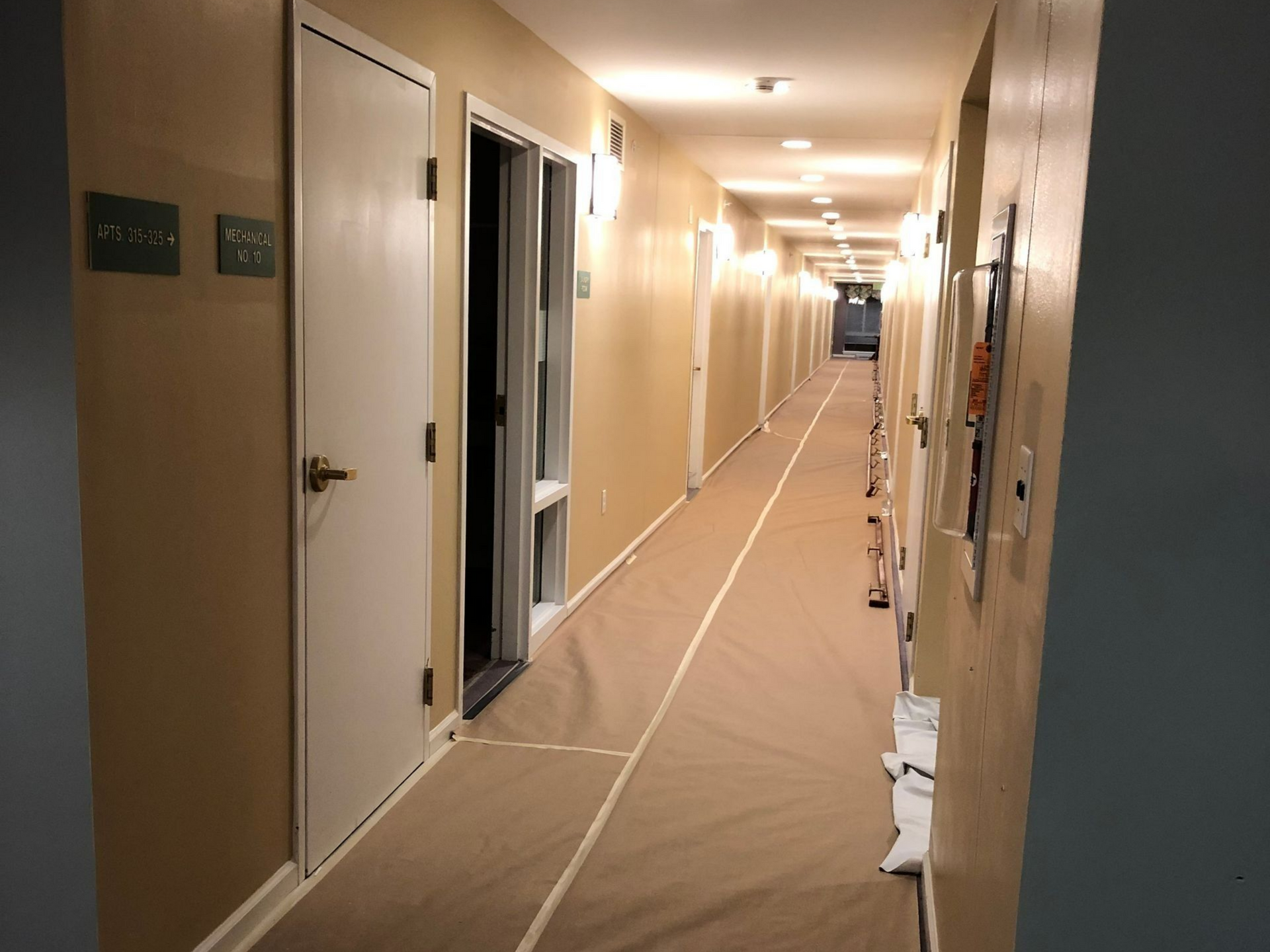Long, beige hallway with doors, lights, and protective covering on the floor.