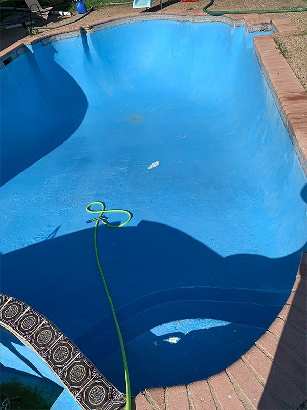 Blue swimming pool with a green hose, surrounded by brick and tile.