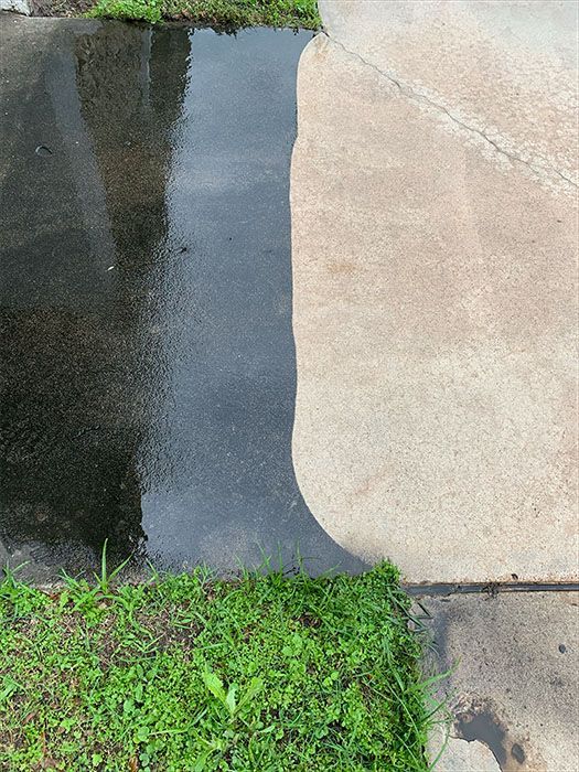 A concrete surface, half cleaned by a pressure washer, reveals a stark contrast between black and tan.