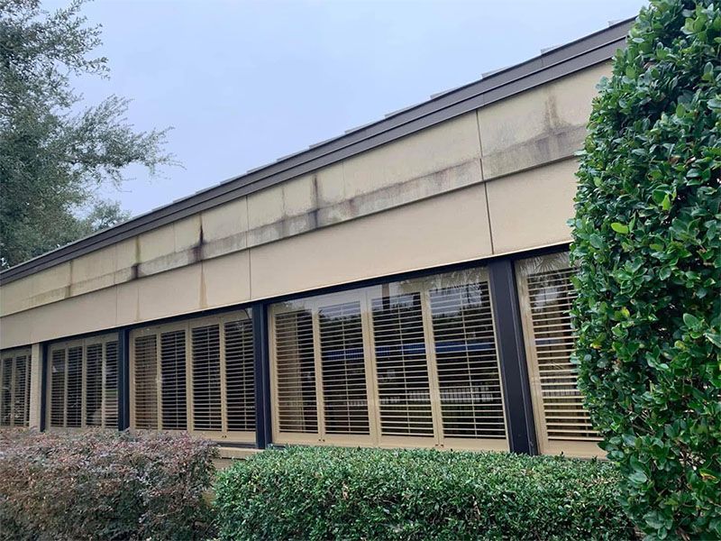 Beige building with dark window frames and shutters, dark streaks on the wall, and shrubbery in front.