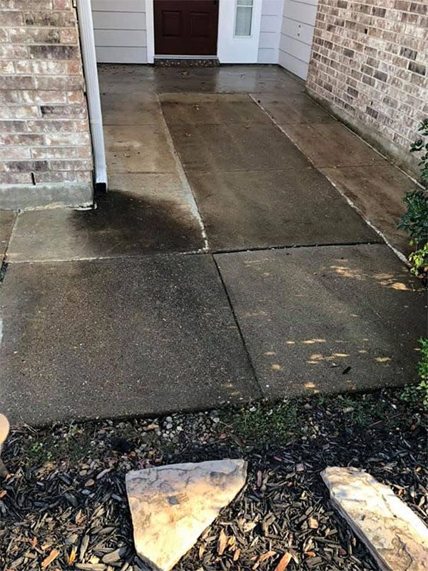 Concrete pathway leading to a door with brick and siding; dark, wet appearance with plant bed in foreground.