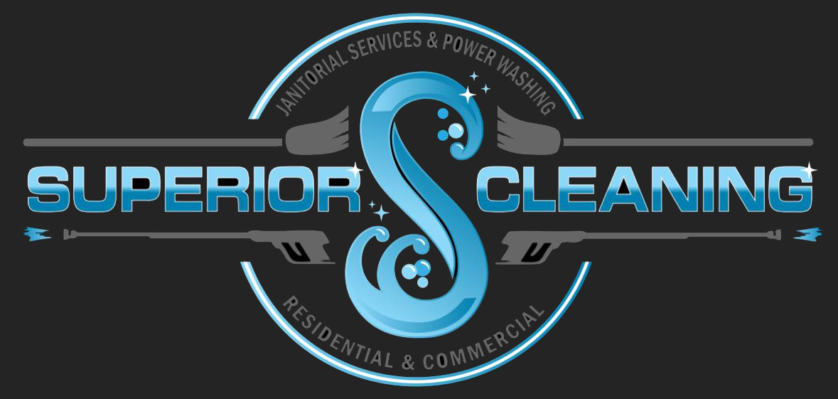 Logo for Superior Cleaning: features blue "S", words "Superior Cleaning," with gray cleaning tool icons on a dark background.