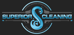Logo for Superior Cleaning: features blue "S", words "Superior Cleaning," with gray cleaning tool icons on a dark background.
