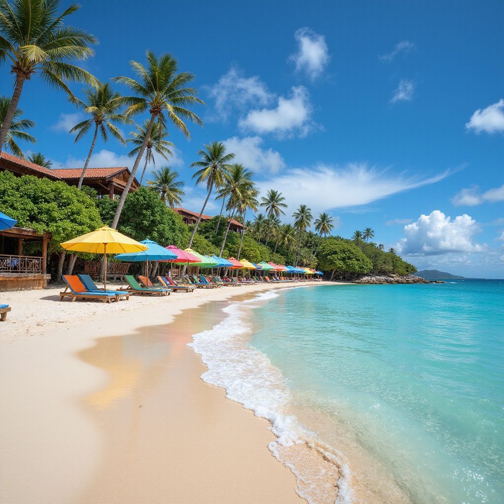 Sandy beach with colorful umbrellas and palm trees under a bright blue sky and turquoise water.