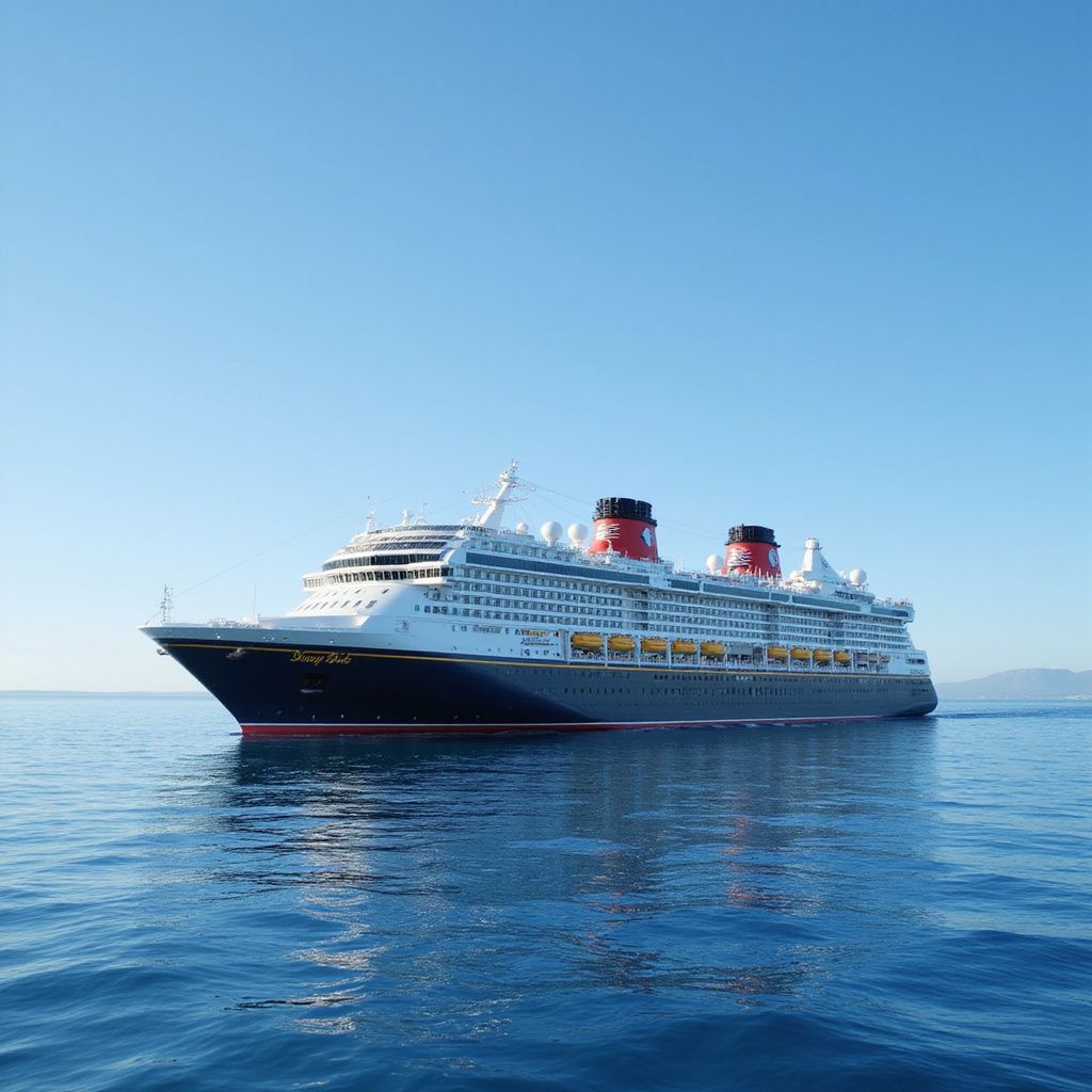 Cruise ship on a calm blue sea under a clear sky.