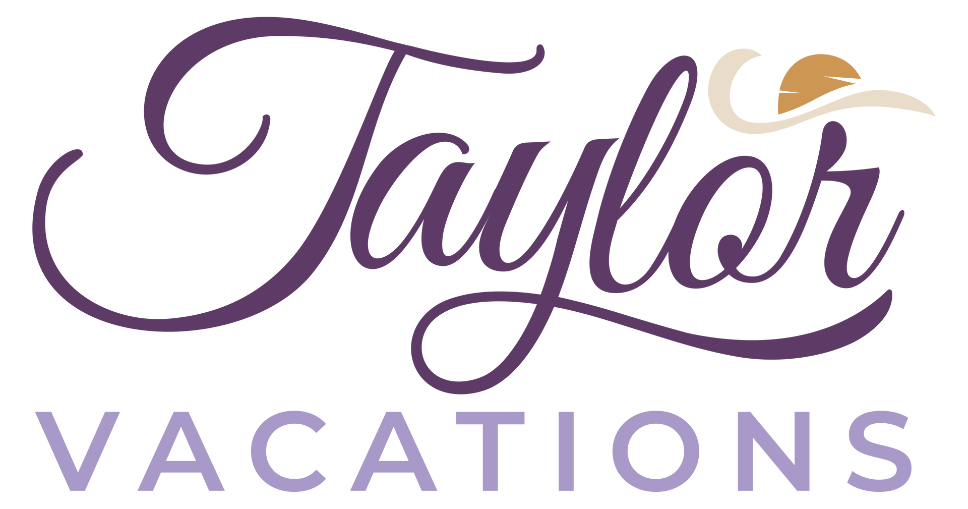 Taylor Vacations logo with purple script and a hat illustration.