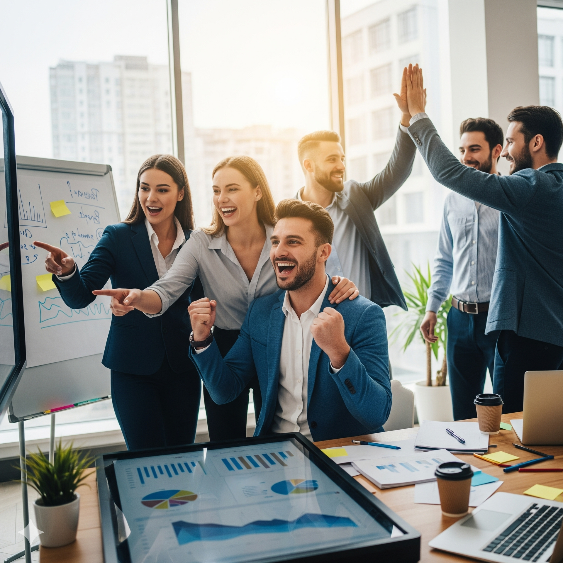 Un equipo de negocios celebra en una oficina, chocando las manos, mirando una pizarra y datos.