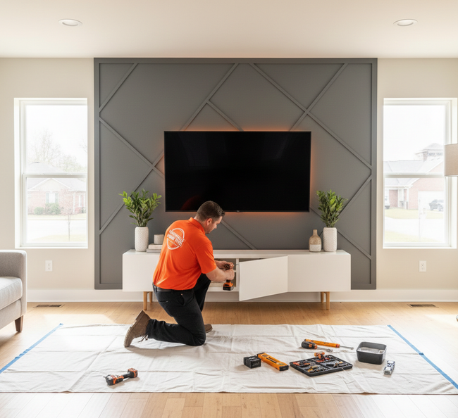 A person installing furniture in a living room with gray accent wall, TV, and tools laid out on a drop cloth.