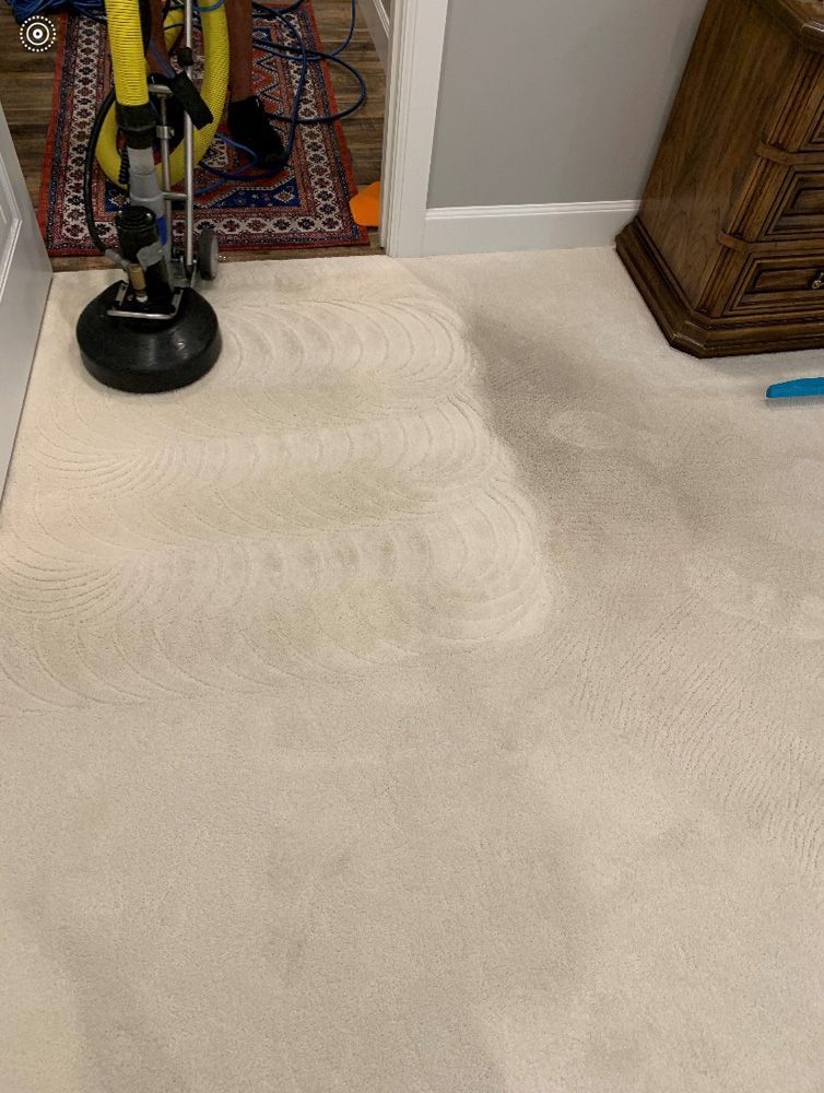 Vacuum cleaner on beige carpet near a doorway and patterned rug