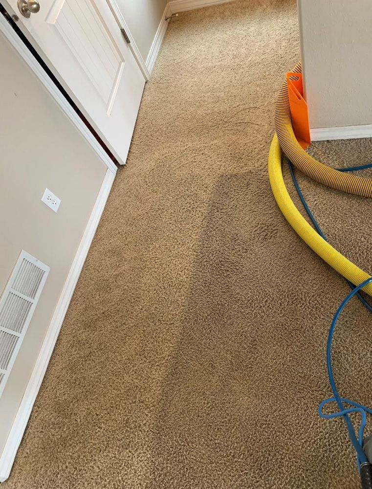 Carpeted hallway with white doors and wall vent, cluttered by coiled yellow and blue hoses near the corner