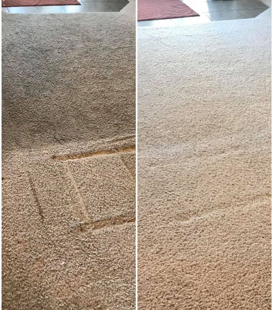 Side-by-side carpet comparison: darker beige carpet on left, lighter beige carpet on right.