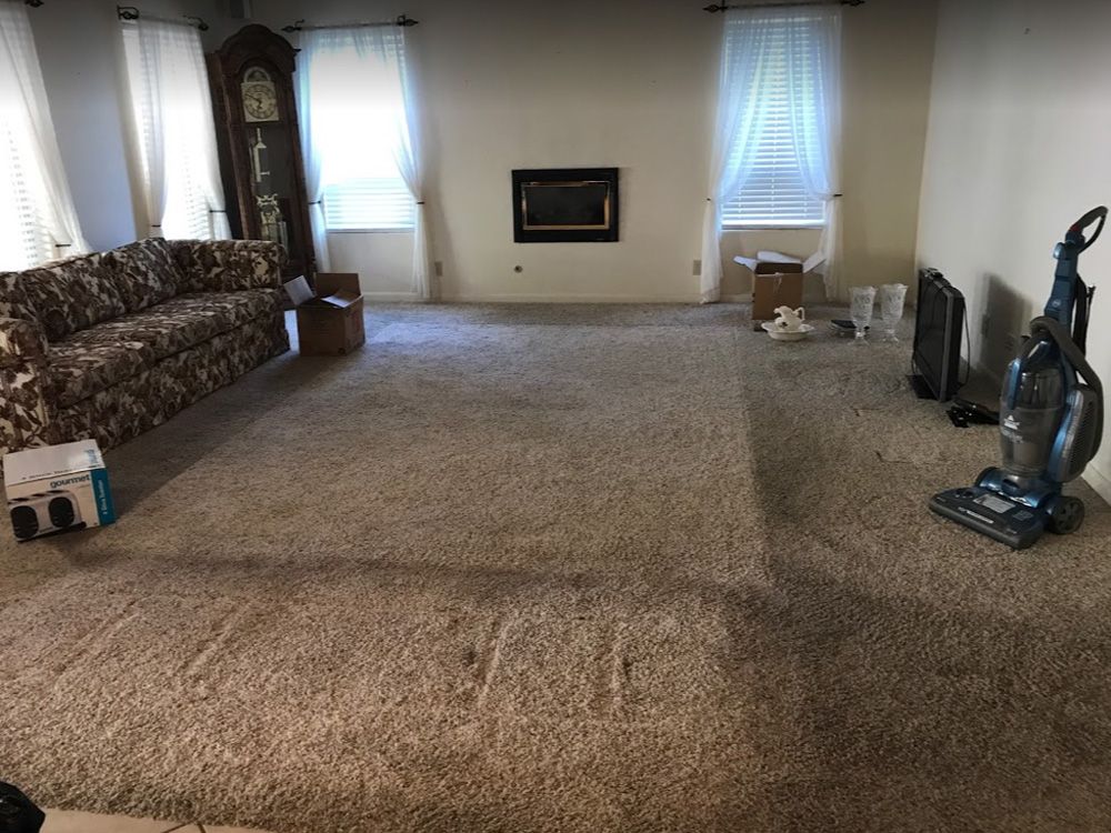 Living room with carpet, sofa, wall fireplace, windows, and vacuum cleaners on the right.