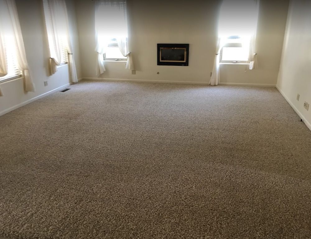 Empty beige living room with carpet, windows, and a wall-mounted fireplace