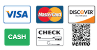 Accepted payment methods: Visa, MasterCard, Discover, cash, check, and Venmo.