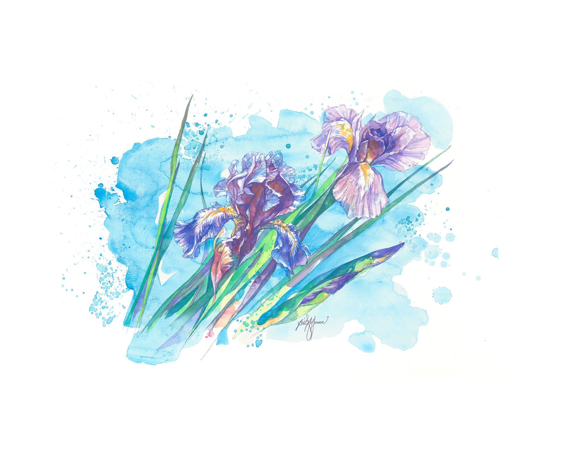 A watercolor painting of purple flowers on a blue background.