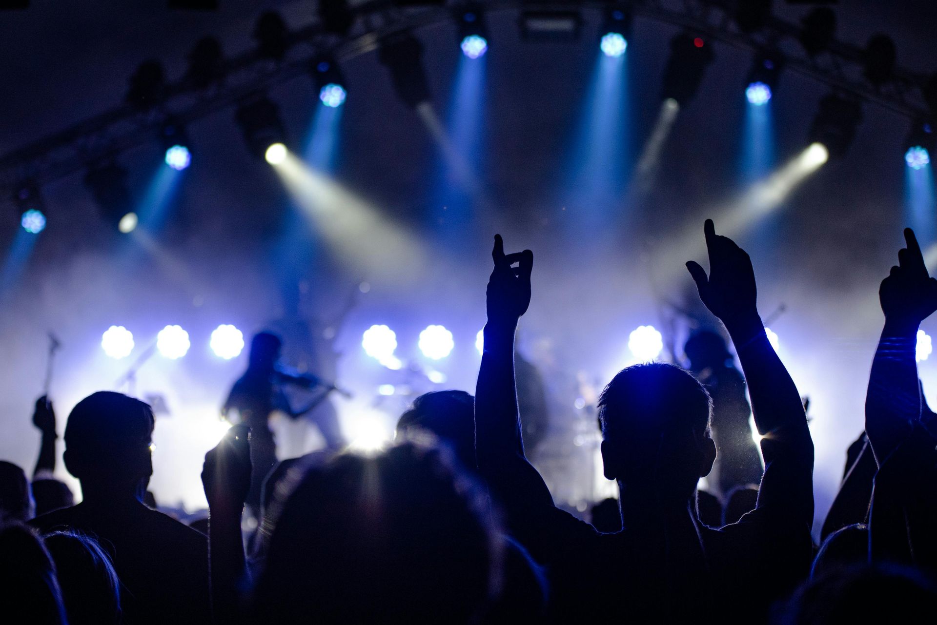 Concertpubliek met opgeheven armen, silhouet tegen een felverlicht podium met bandleden.